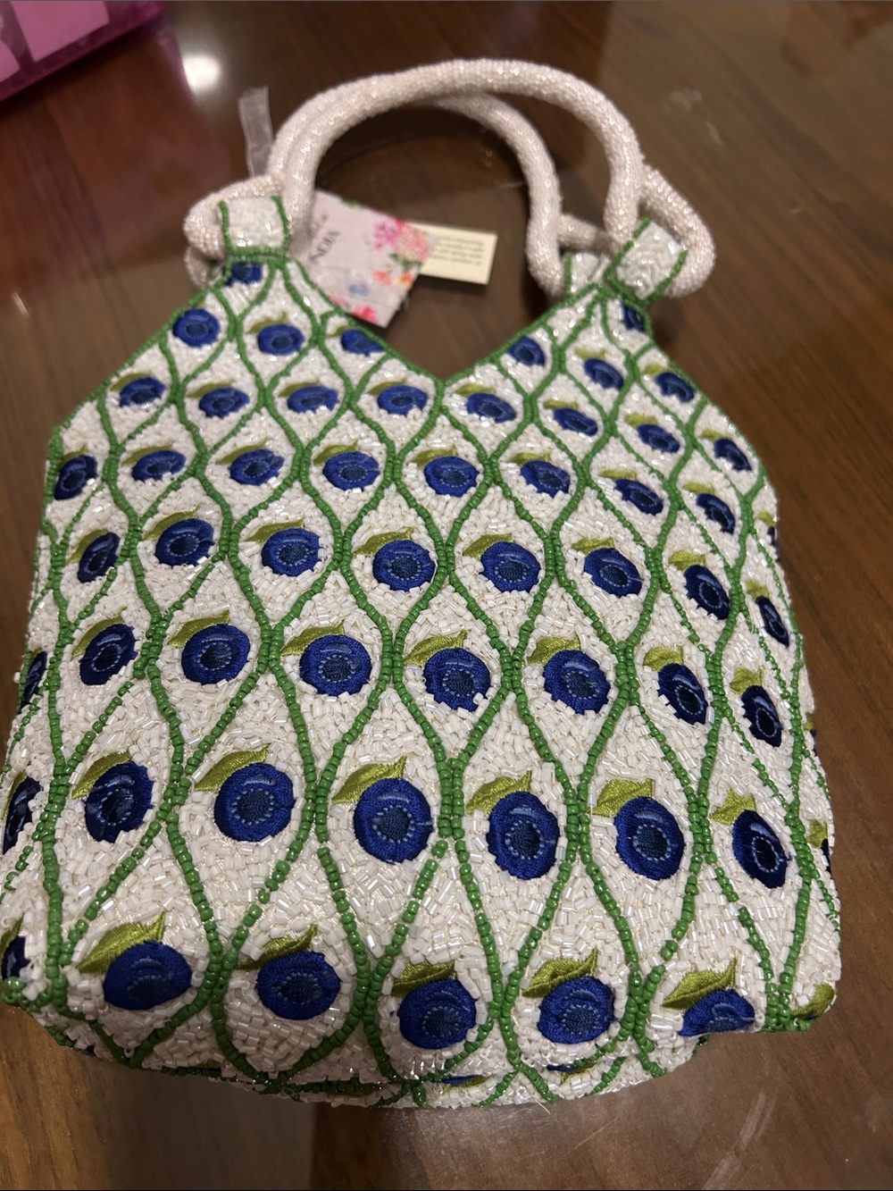 INC International Concepts White Beaded Handbag with Blue & Green Motif - Picture 4 of 4